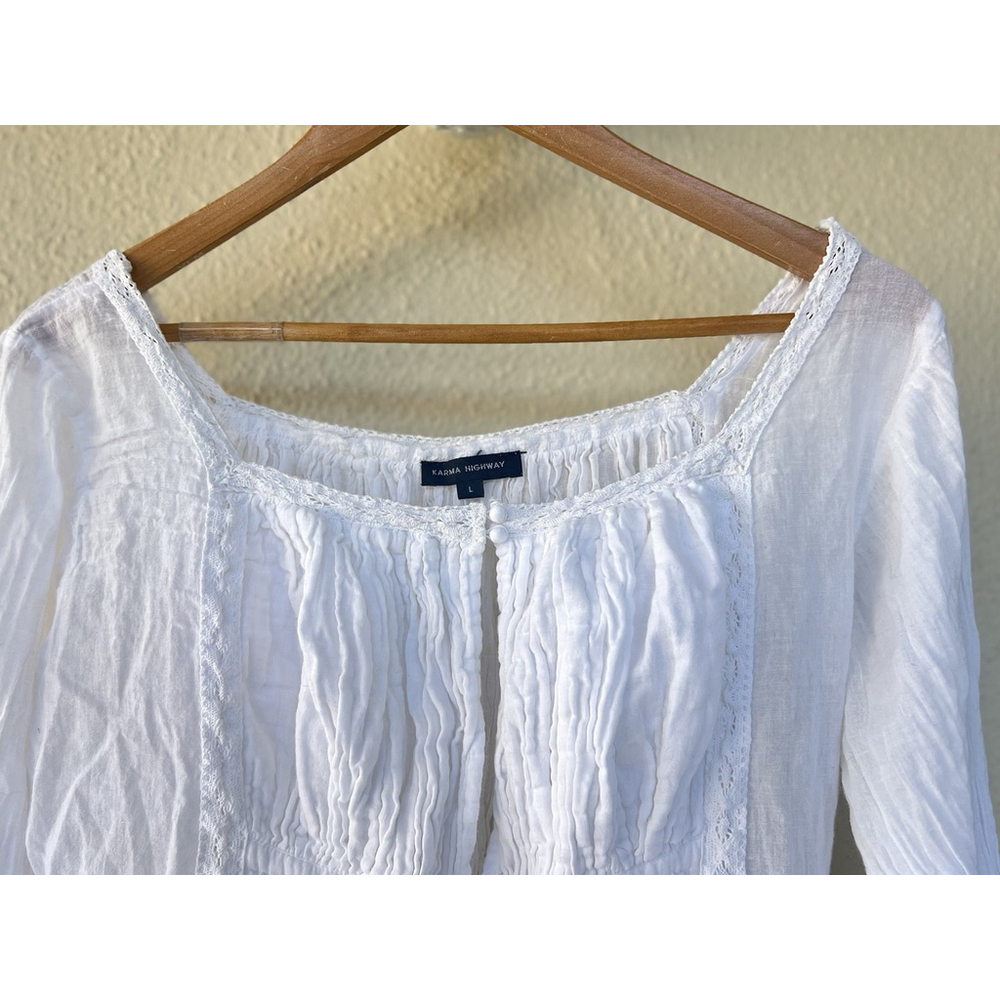 Karma Highway White Floral Dress L Cottage Prairie Romantic Peasant Bell Sleeve - Picture 2 of 9